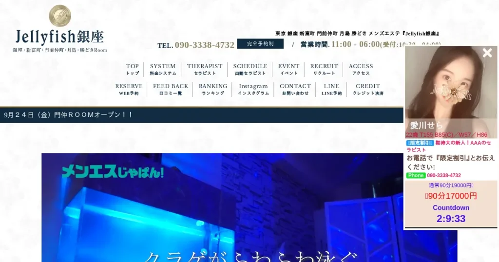 東銀座・新富町・門前仲町・月島・勝どきメンズエステ｜Jellyfish銀座の口コミ＆体験談